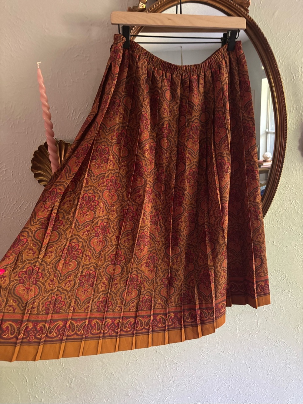 Vintage Rust Orange and Red Paisley Pleated A-Line Skirt